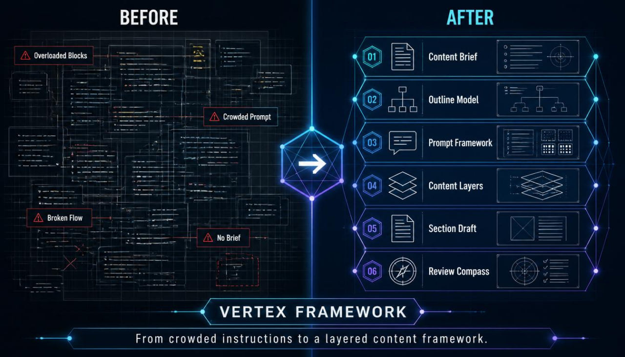 Comparison of 'Before' and 'After' content frameworks with Vertex Framework branding.