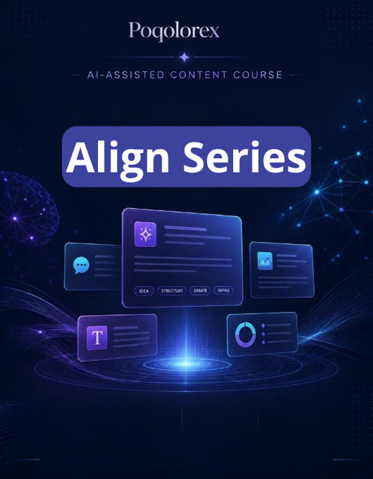 Promotional graphic for Poqolorex AI-assisted content course titled 'Align Series' on a dark background with futuristic design elements.