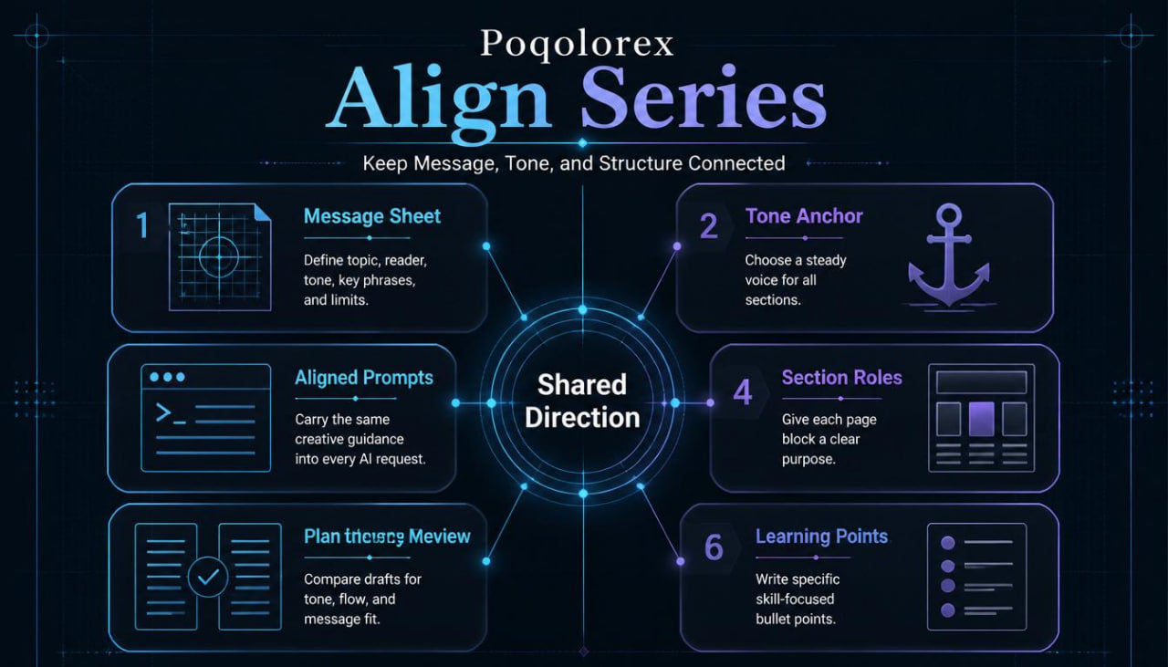 Diagram of Poqolorex Align Series with steps for message creation on a dark background