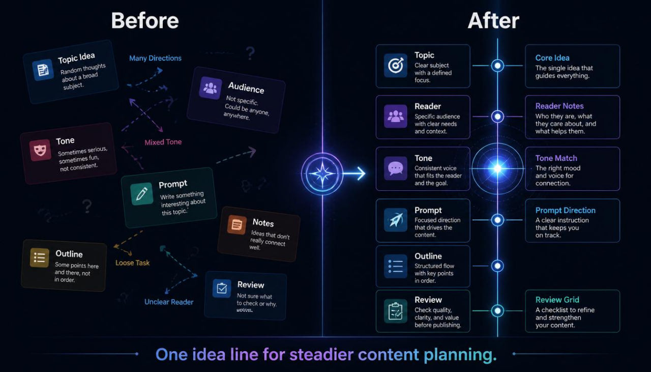 Before and after comparison of content planning process on a dark background