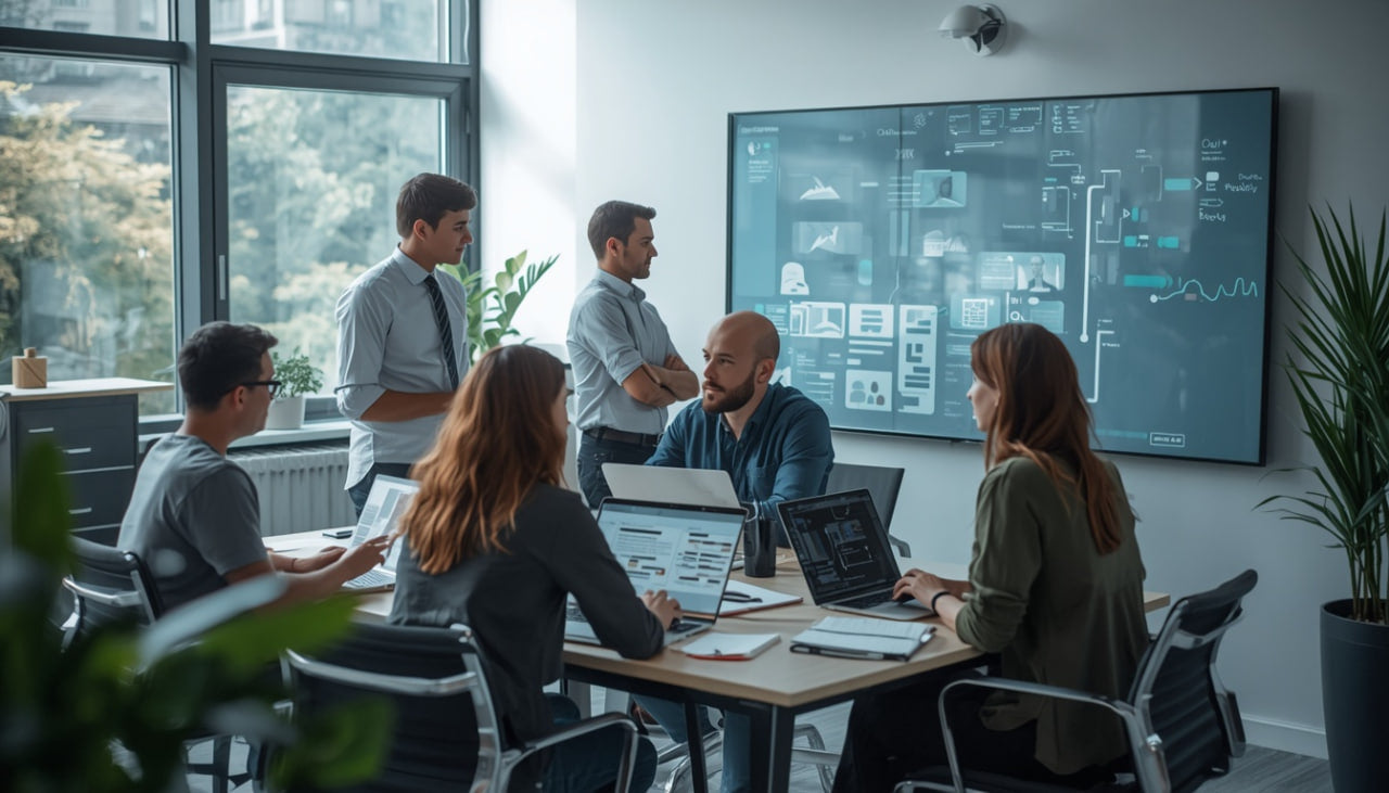 Group of people working in a modern office with large screens displaying data.