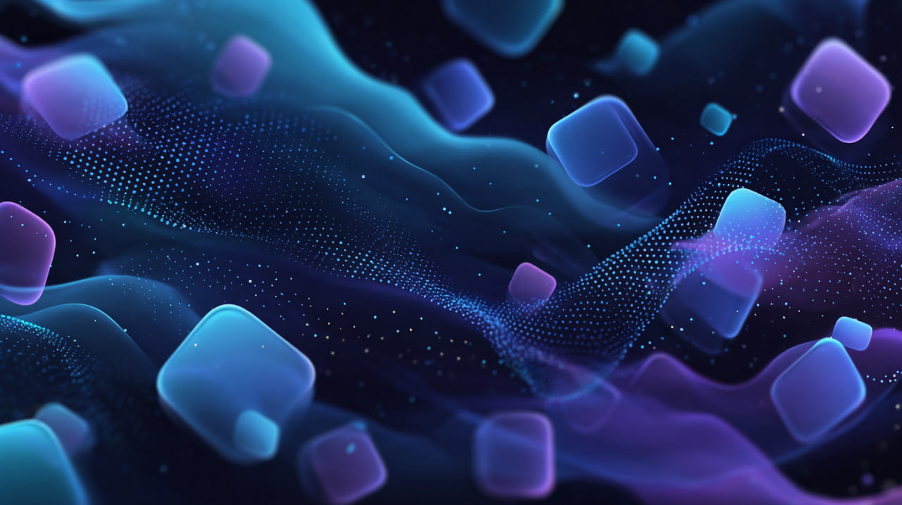 Abstract digital art with blue and purple geometric shapes on a dark background
