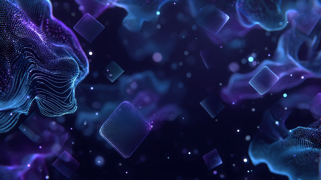 Abstract blue and purple digital design with geometric shapes on a dark background