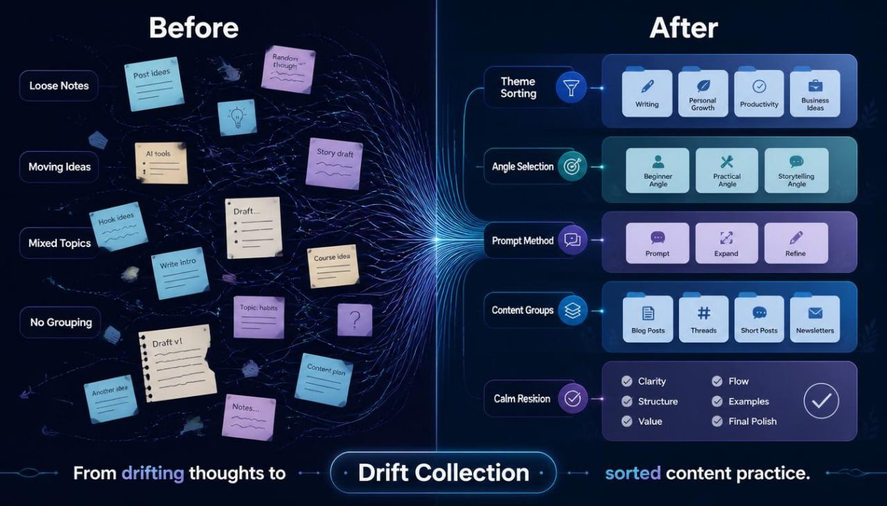 Comparison of 'Before' and 'After' states in content organization with visual elements and text.