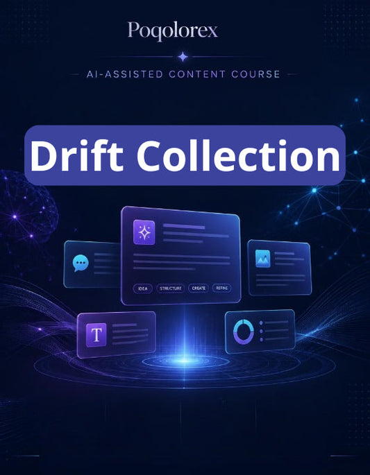 Promotional graphic for Poqolorex AI-assisted content course titled 'Drift Collection' with futuristic interface design on a dark background.