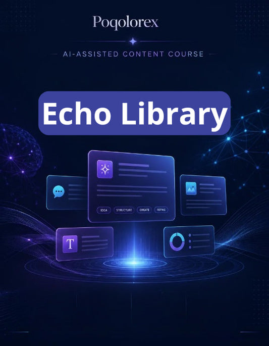 Promotional graphic for Poqolorex Echo Library AI-assisted content course with digital interface elements on a dark background.