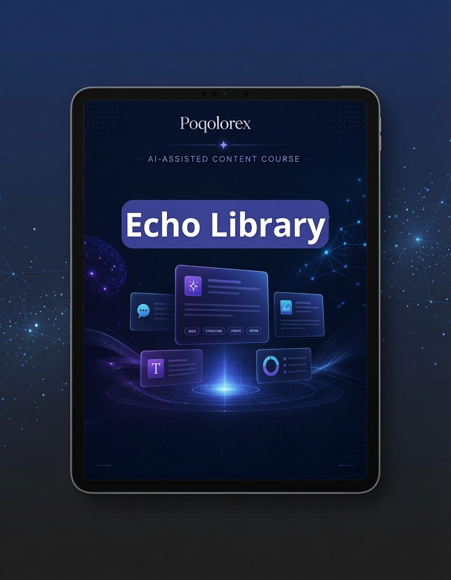 Tablet displaying the Poqglorex Echo Library on a dark background
