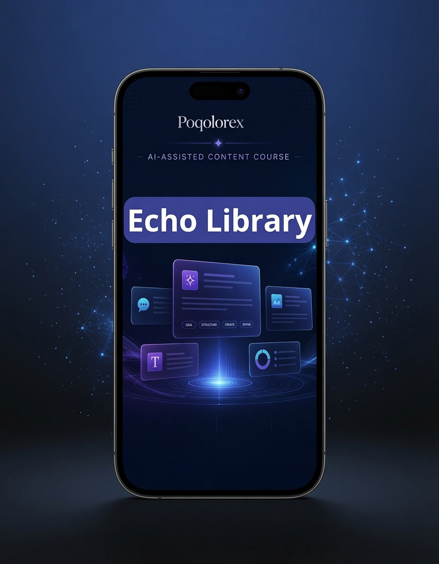 Smartphone displaying the Poqolorex Echo Library app interface on a dark blue background
