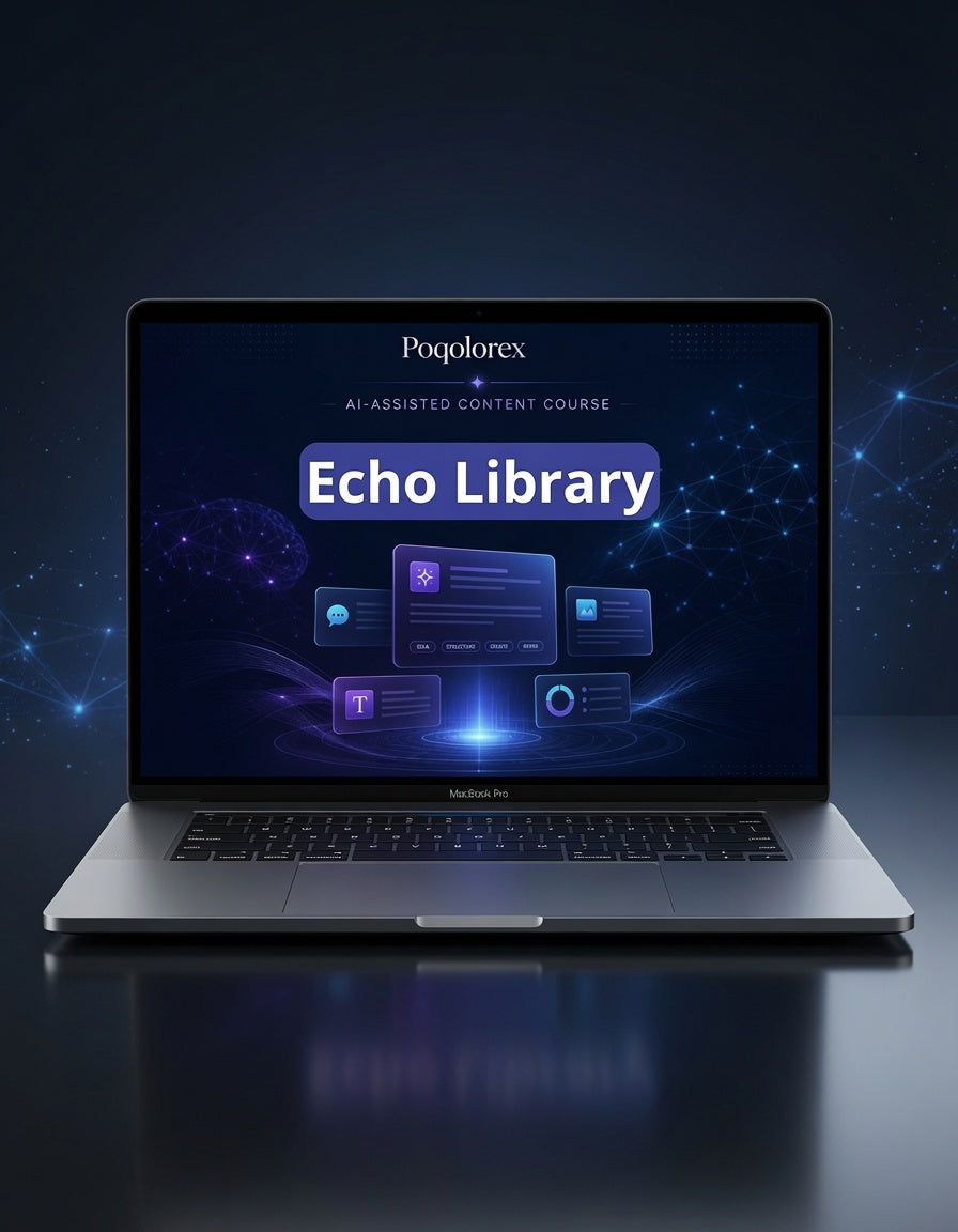 Laptop displaying the Pogplorrex Echo Library interface on a dark background