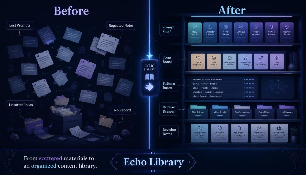 Comparison of 'Before' and 'After' states of an organized content library system labeled 'Echo Library'.