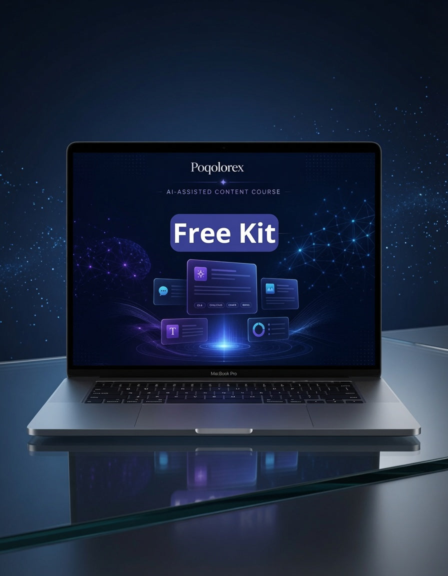 Laptop displaying Poqloforex free kit on a reflective surface with a dark background