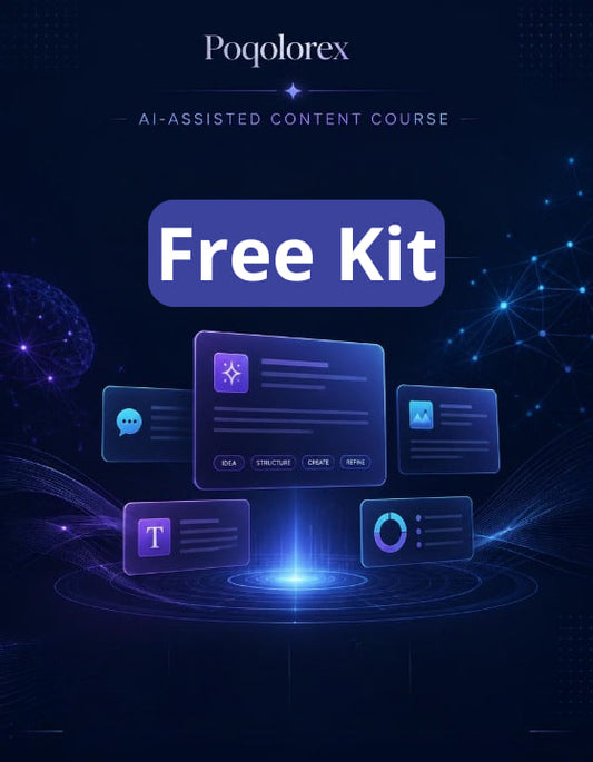 Promotional graphic for Poqolorex AI-assisted content course free kit with digital interface elements on a dark background.