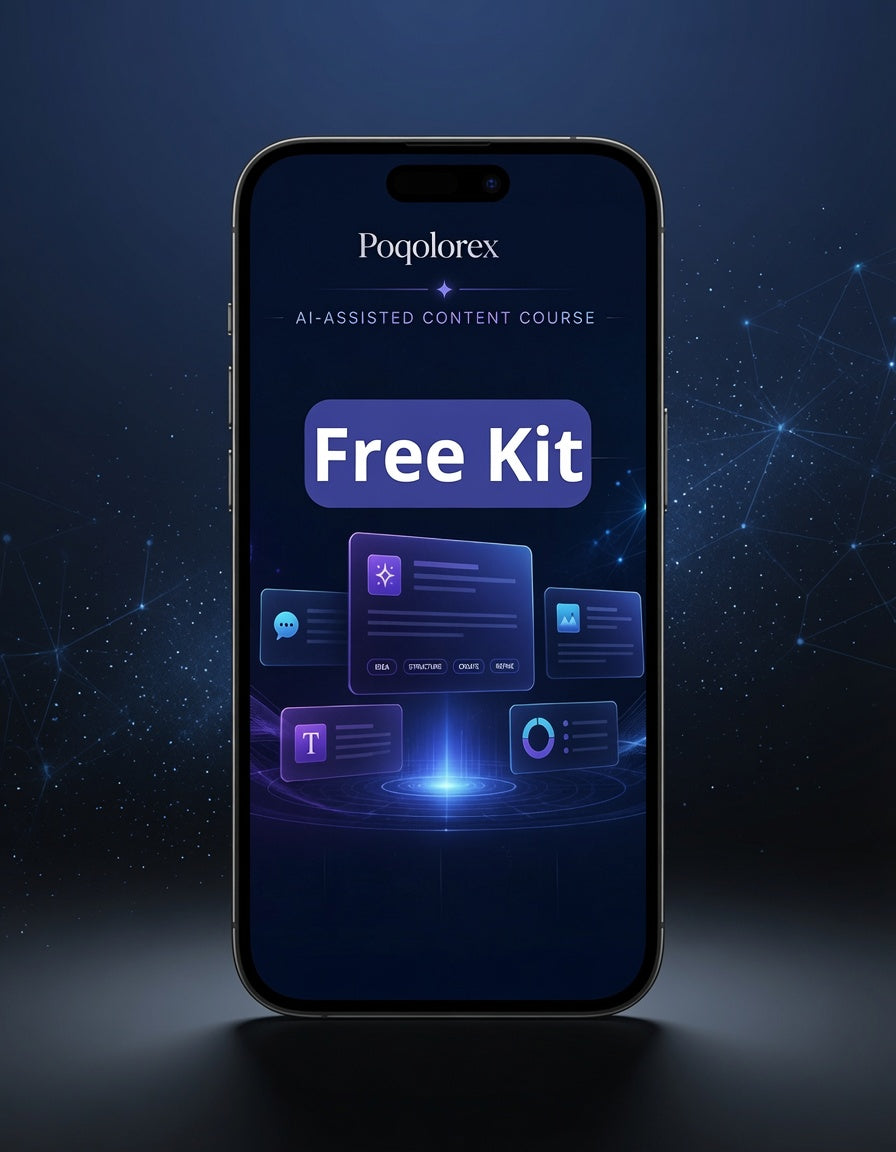 Smartphone displaying Poqpolrex AI-assisted content course free kit on a dark background