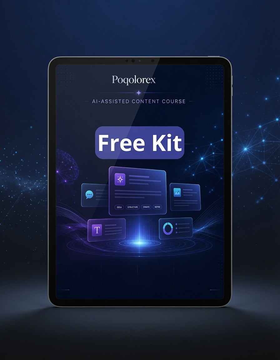 Tablet displaying Poqolorex AI-assisted content course free kit on a dark background