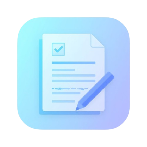 Icon of a document with a pen and checkmark on a gradient blue background