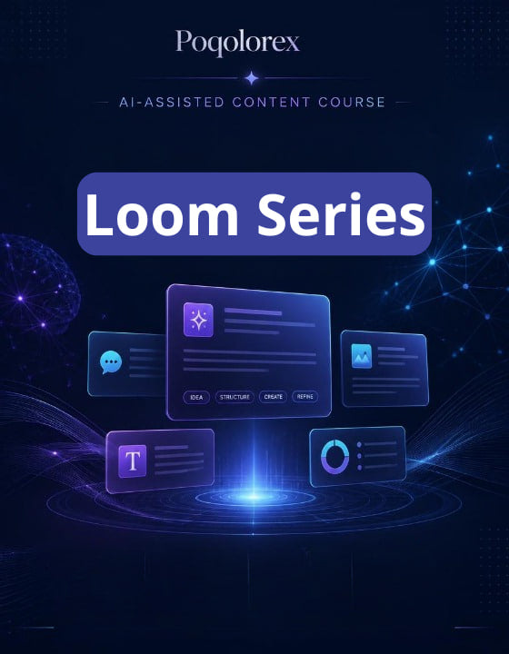 Promotional graphic for Poqolorex Loom Series AI-assisted content course with digital interface elements on a dark background.