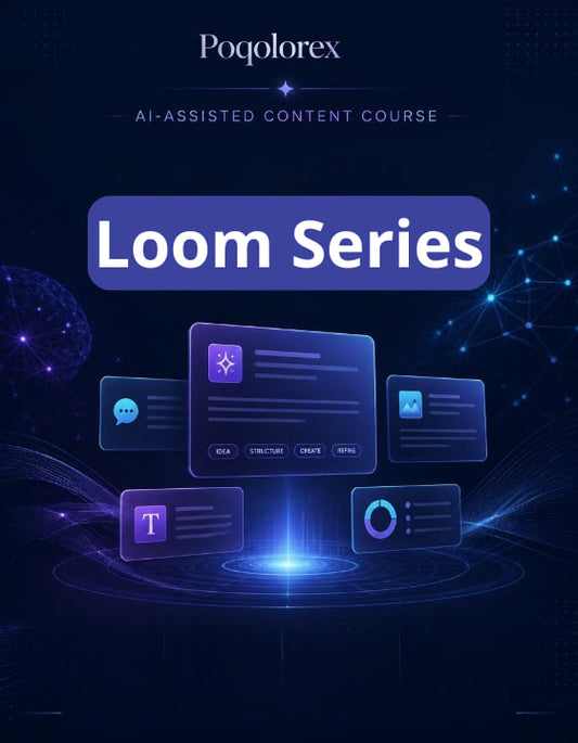 Promotional graphic for Poqolorex Loom Series AI-assisted content course with digital interface elements on a dark background.