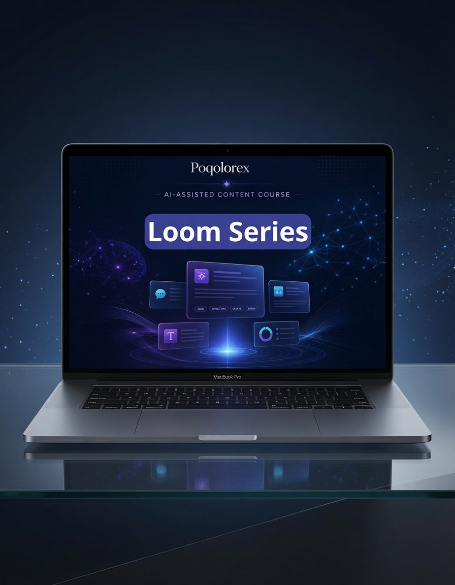 Laptop displaying the Poqplorex Loom Series on a dark background