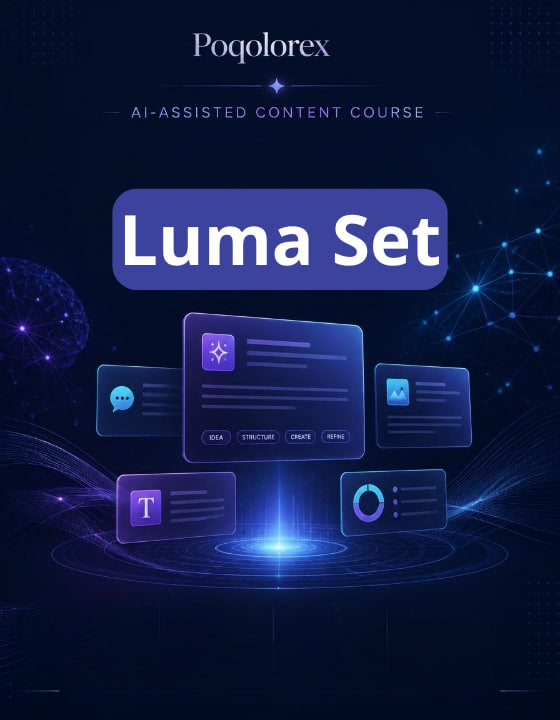 Promotional image for Poqolorex Luma Set AI-assisted content course with futuristic interface design on a dark background.