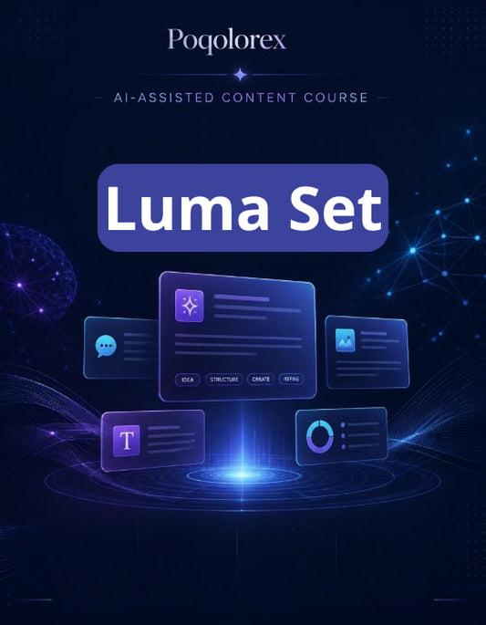 Promotional image for Poqolorex Luma Set AI-assisted content course with futuristic interface design on a dark background.