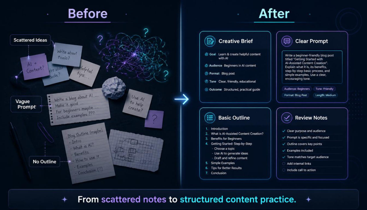 Comparison of scattered notes on the left to structured content practice on the right, with text indicating 'Before' and 'After'.