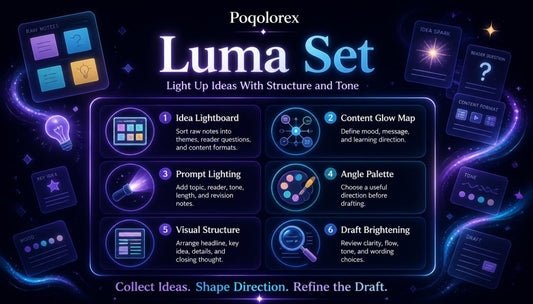 Poqolorex Luma Set software interface with various features on a dark background