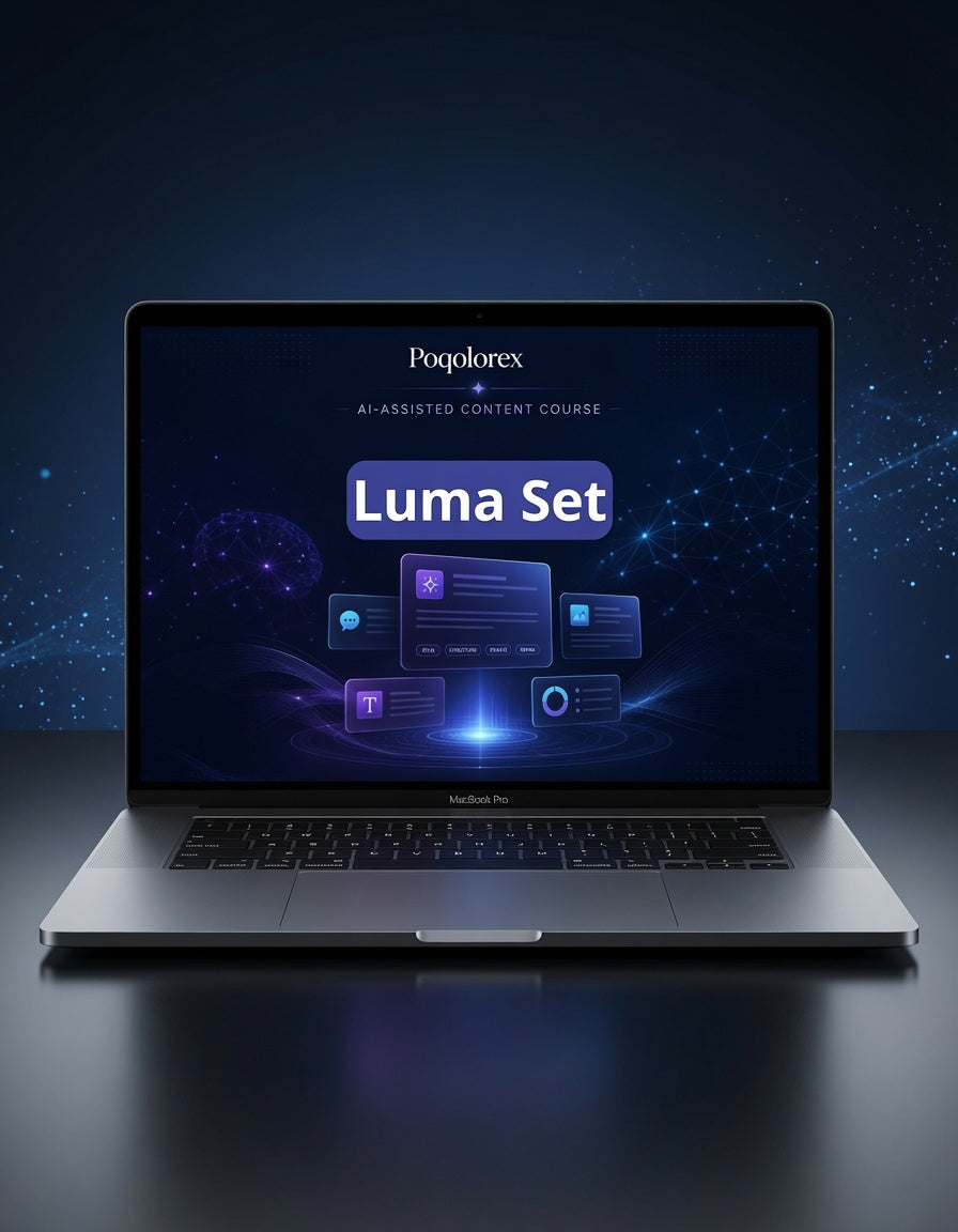 Laptop displaying Poqloforex Luma Set software on a dark background