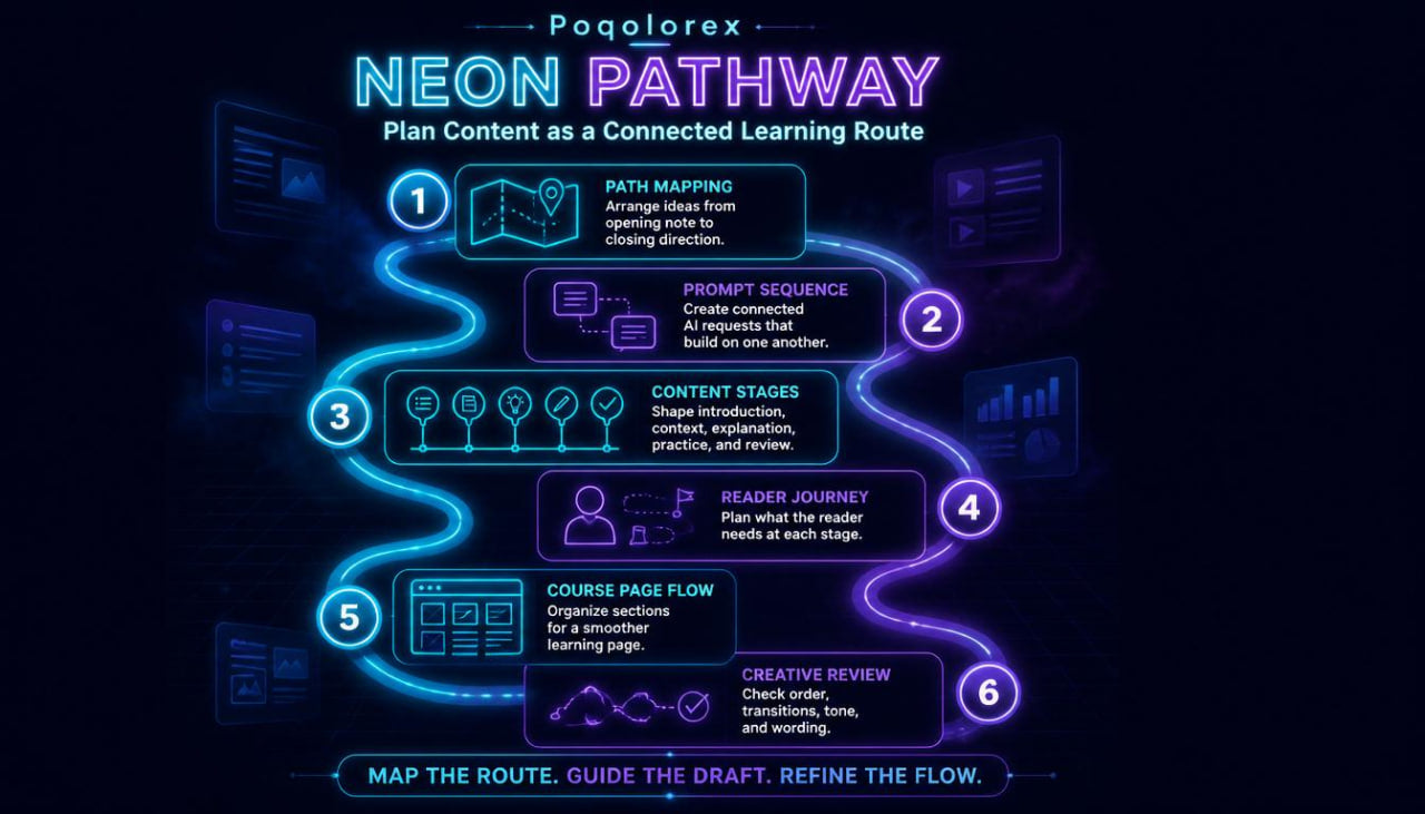 Neon pathway diagram with steps for content planning on a dark background