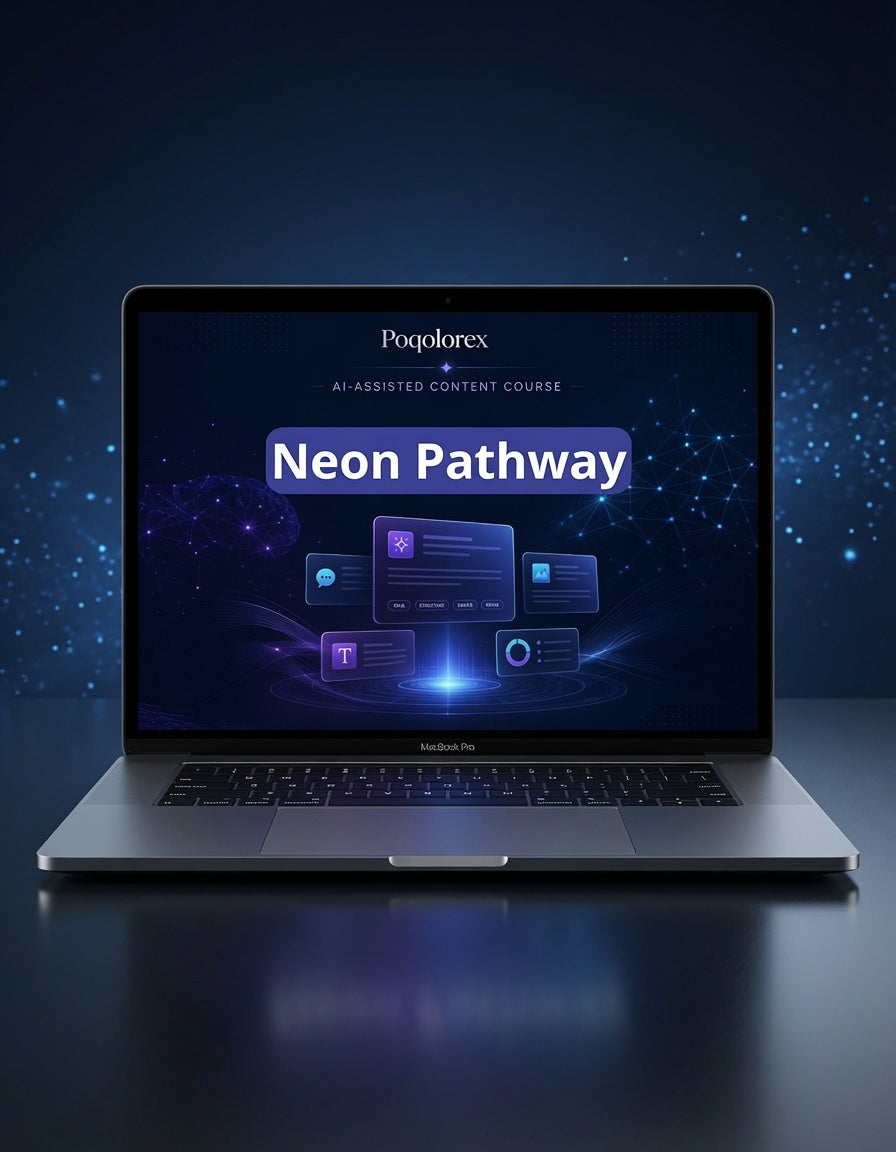 Laptop displaying Poqlorex Neon Pathway course on a dark background