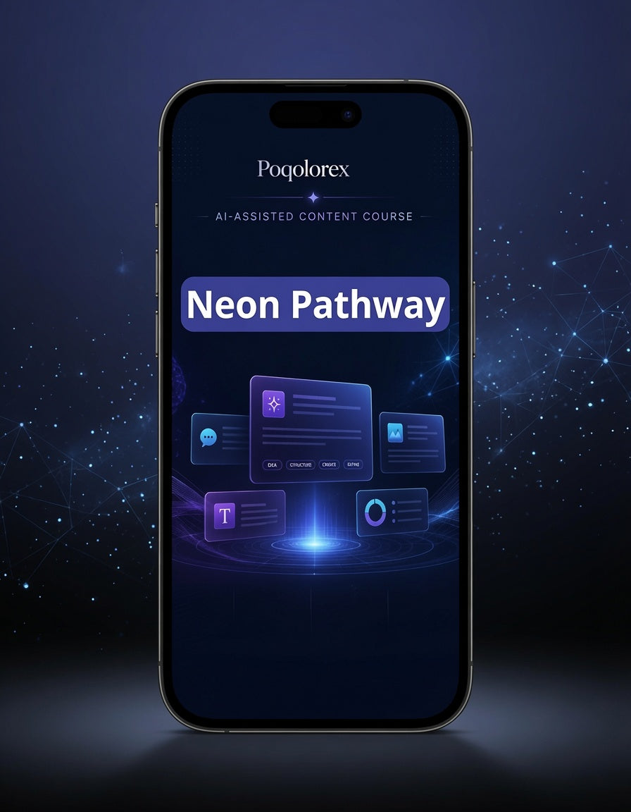 Smartphone displaying the Poqplorex Neon Pathway app interface on a dark background