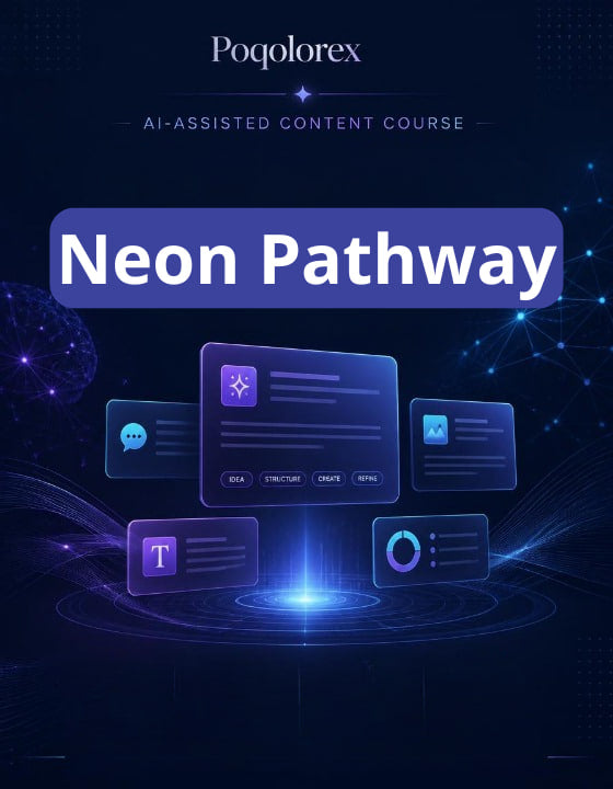 Promotional graphic for Poqolorex Neon Pathway AI-assisted content course with futuristic interface design on a dark background.
