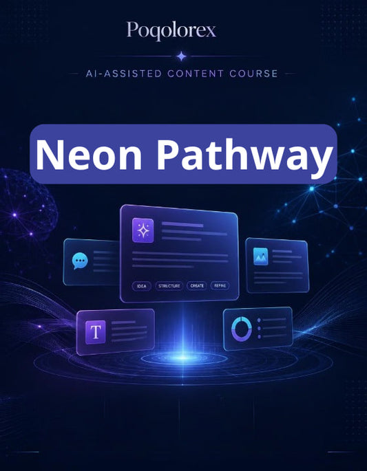 Promotional graphic for Poqolorex Neon Pathway AI-assisted content course with futuristic interface design on a dark background.
