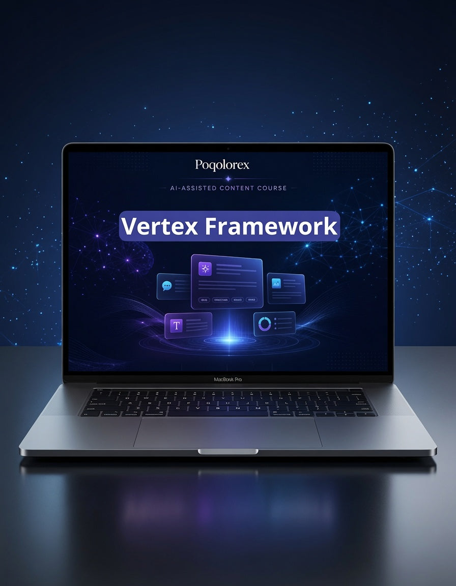 Laptop displaying the Pogolofox Vertex Framework on a dark background