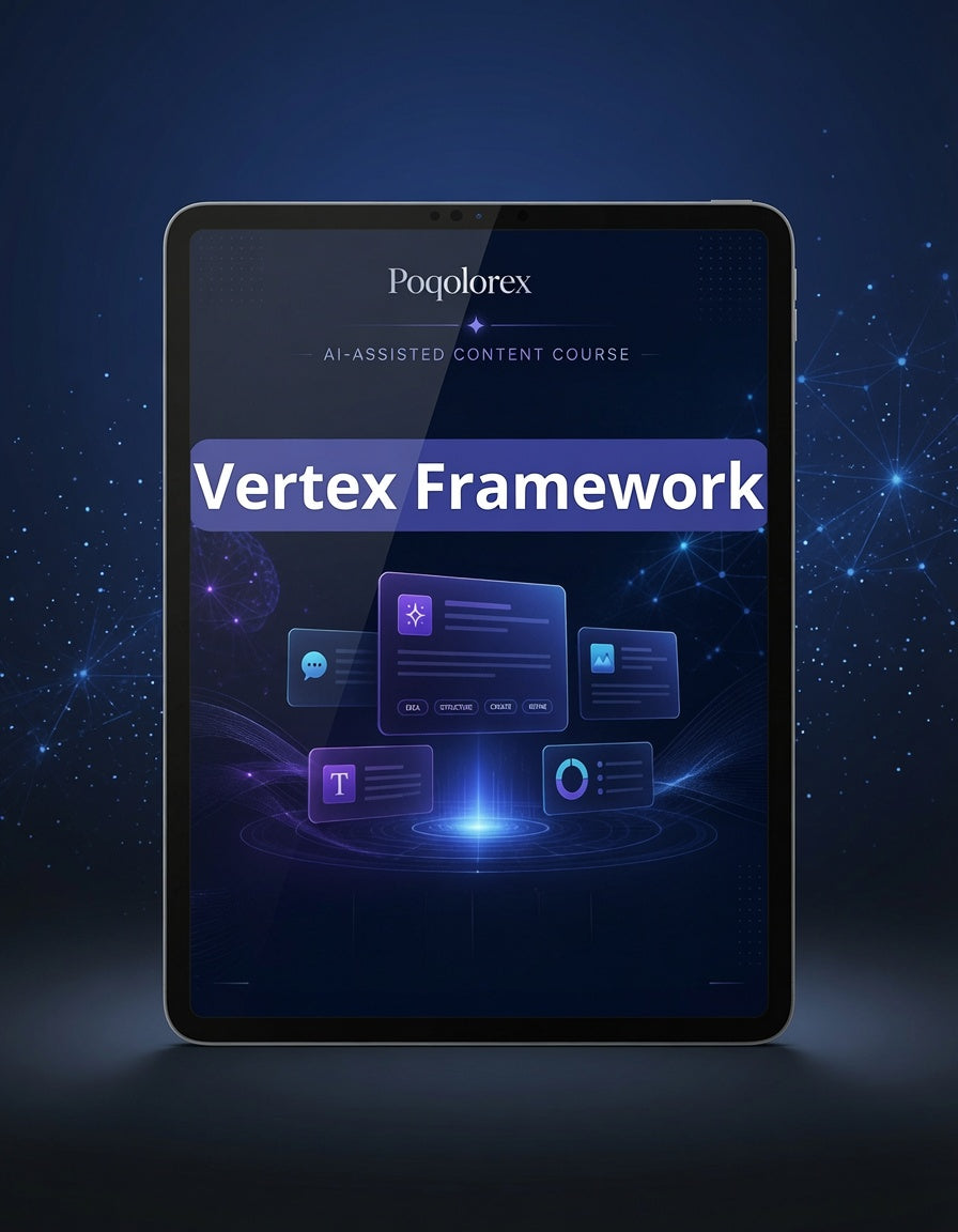 Tablet displaying Poqolorex Vertex Framework on a dark blue background