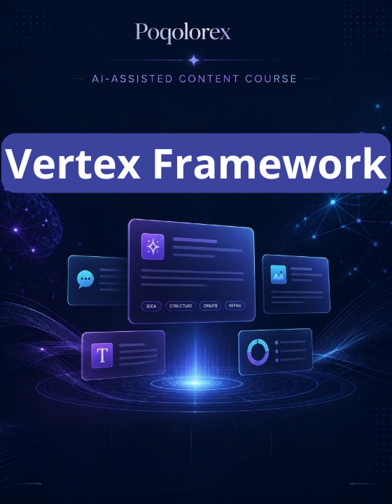 Promotional graphic for Poqolorex Vertex Framework AI-assisted content course with futuristic design elements.